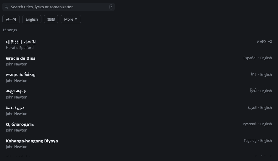 The Community tab listing 15 songs, each by its own title: Korean, Spanish, Thai, Hindi, Arabic, Russian and Tagalog titles, with each song’s languages on the right.
