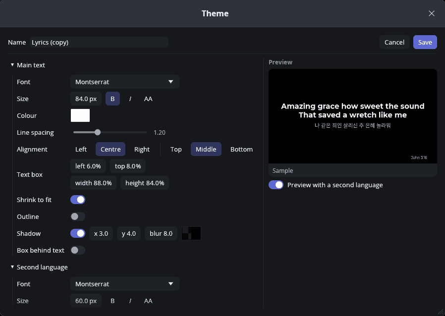 The theme editor: font, size, colour, alignment, shadow and second-language settings beside a live preview of a bilingual slide.